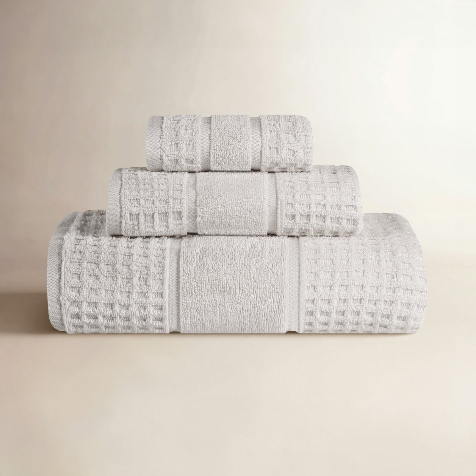 Hisela 3-Piece Waffle Cotton Towel Set, Stone, 3 Piece Towel Set