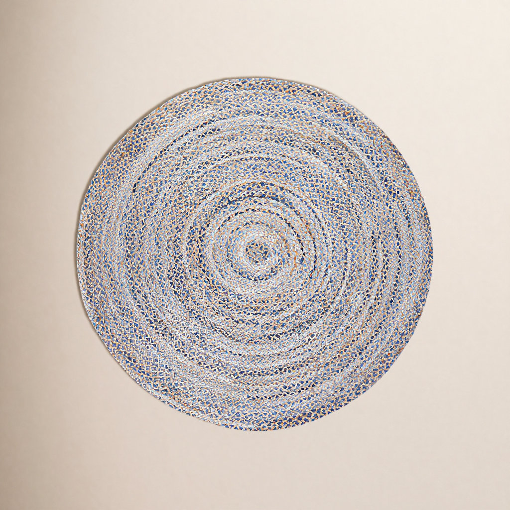 Blue Tan Round Handwoven Geometric Jute Rug, Round 4'