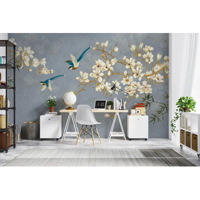 Elegant Gray Magnolia Bird Branch Wallpaper