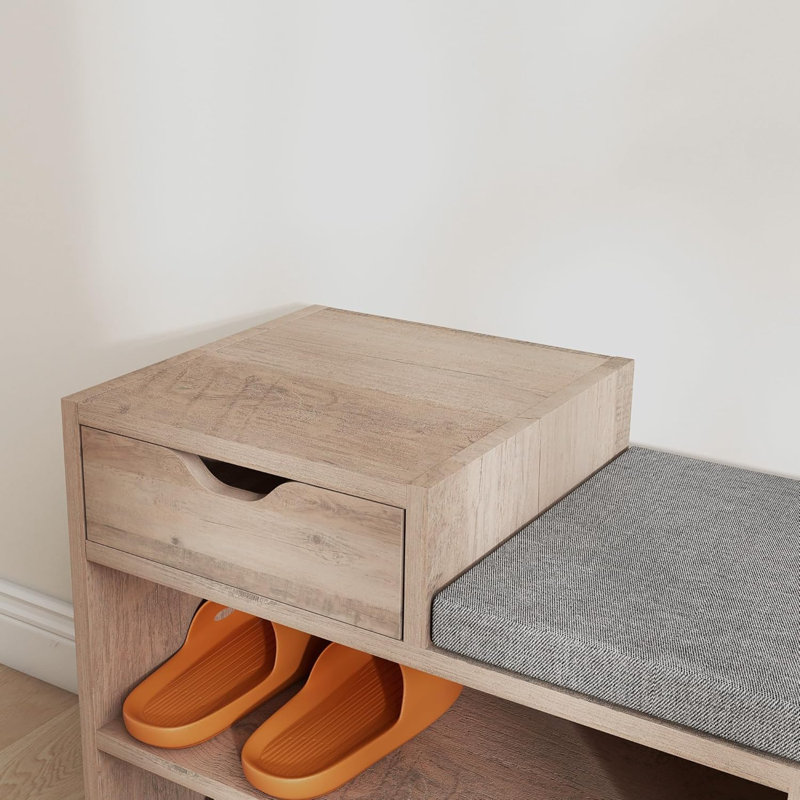 Wood Shoe Rack Bench with Seating Cushion and Drawer, Wood