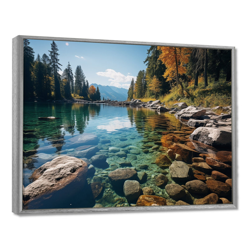 Lakeside Retreat I - Art mural pour salon Lakehouse, H 16 po x l 32 po x P 1 po, Encadrement argenté