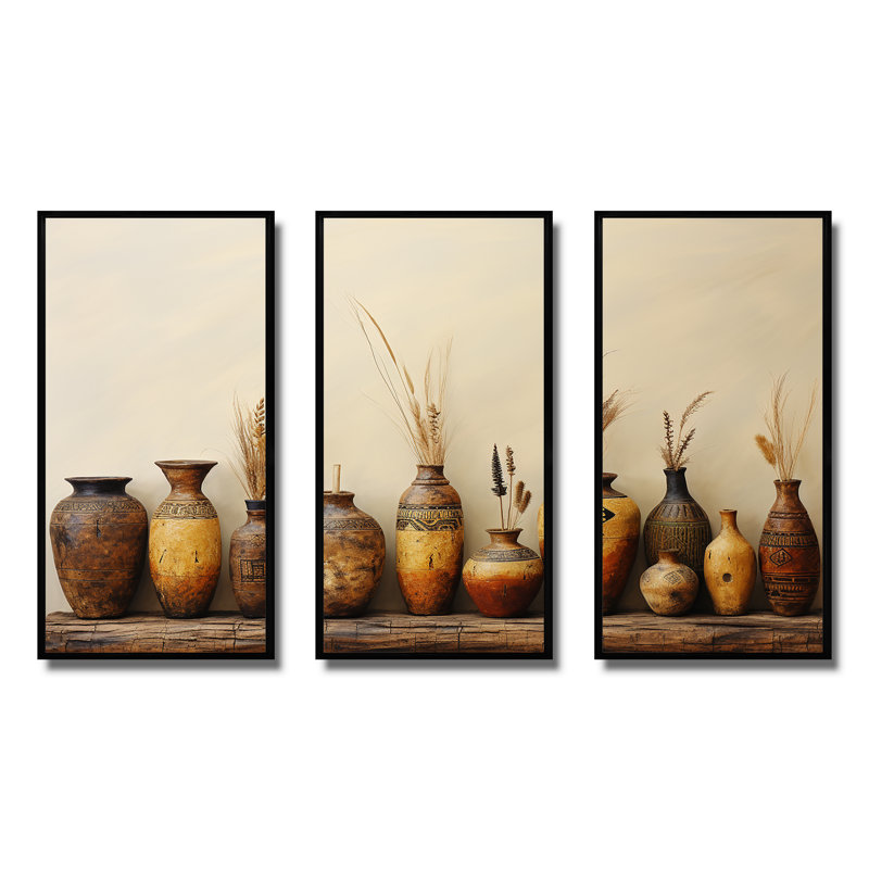 Art mural brun, formation de poterie minimaliste, H 28 po x l 36 po x P 1 po, Cadre flottant noir