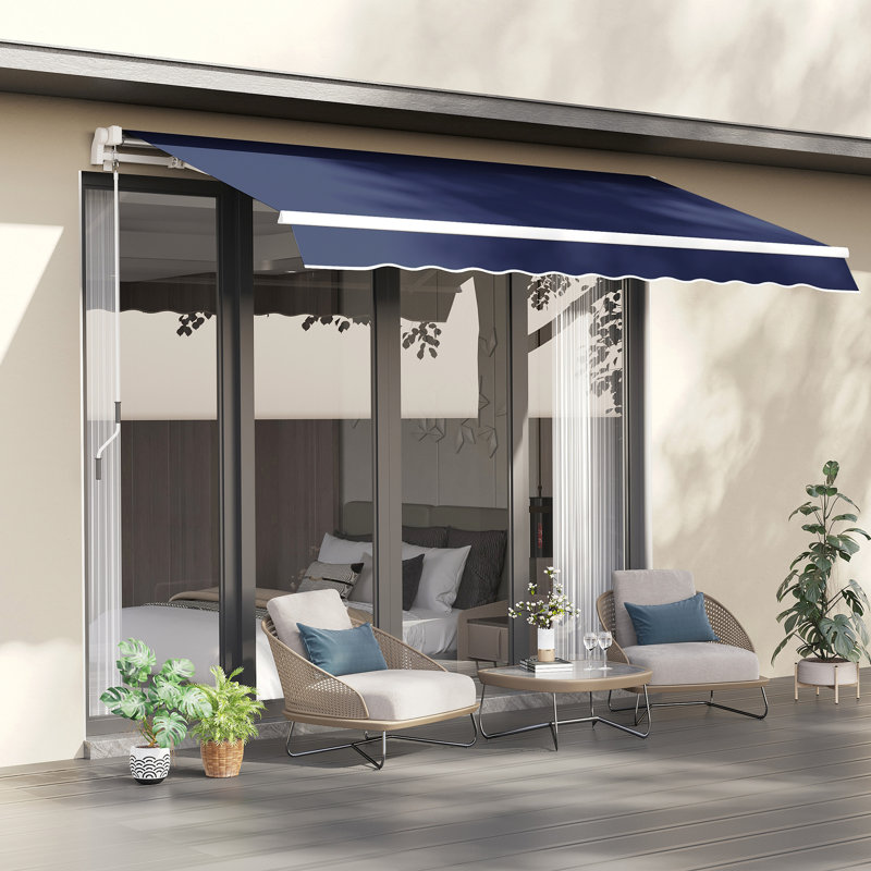 Auvent de terrasse rétractable 10 pi x 8 pi - bleu et recouvert d'eau, avec cadre en aluminium et commande à manivelle pour patio, balcon, cour, terrasse, main de balcon