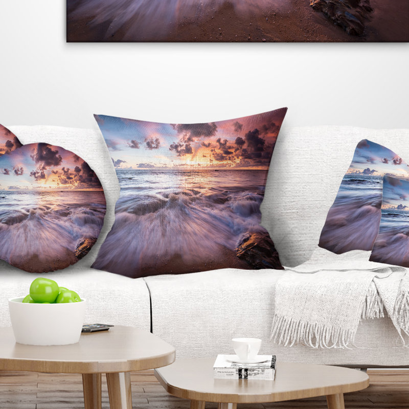 Magnifique vagues de mer de mer de mer au coussin coucher de soleil, 16 po x 1 po, Coussin décoratif