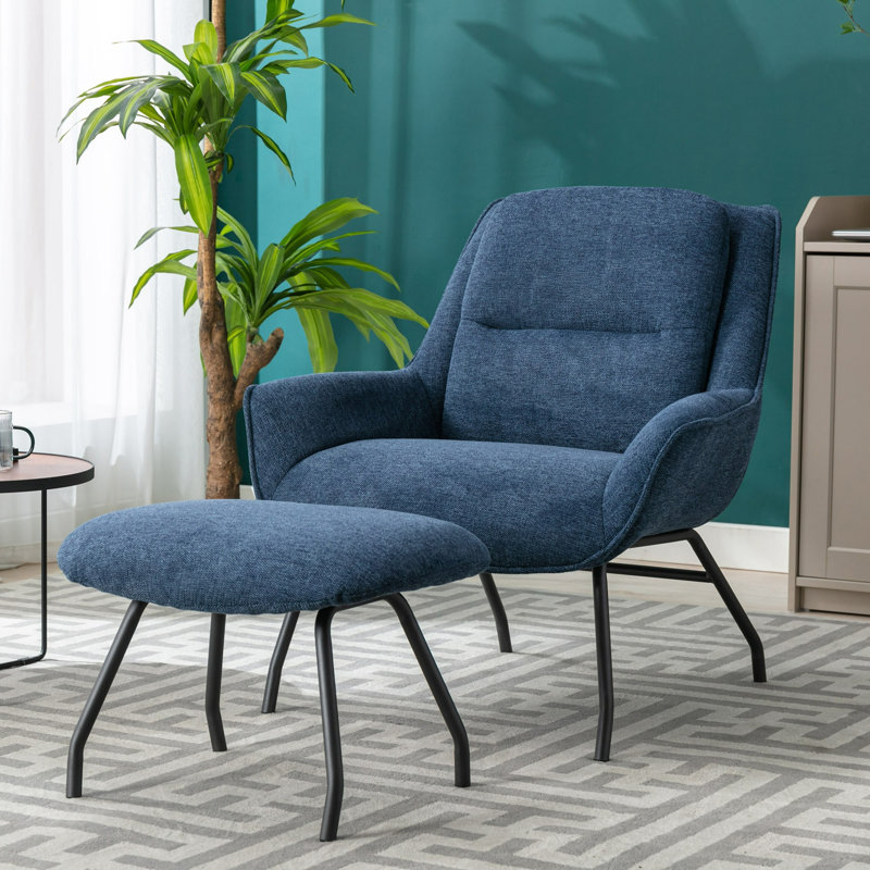 Caicedo Fabric Upholstered Accent Chair with Ottoman, Blue Polyester Blend
