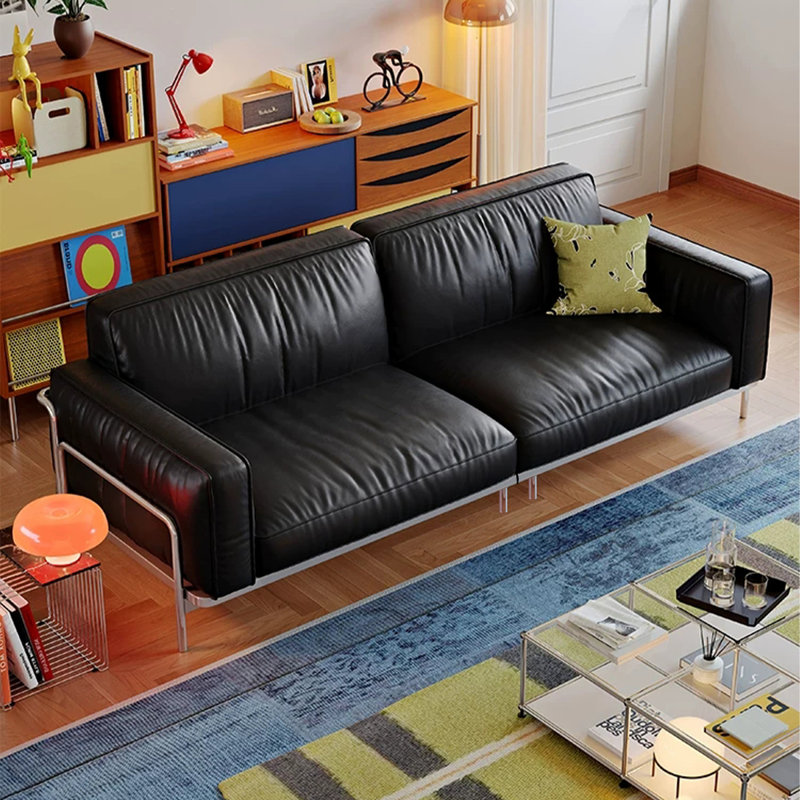 Canapé modulaire noir en cuir véritable, 102.36" W