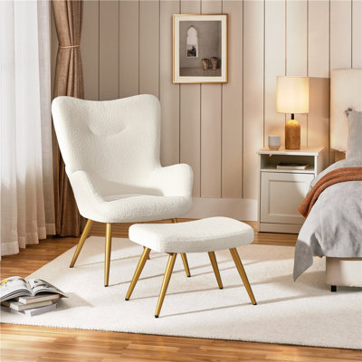 Boucle Accent Chair, Upholstered Armchair with Footstool