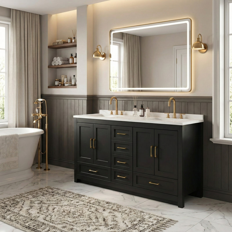 Meuble-lavabo 60 po noir avec lavabo, armoire à 4 portes à fermeture douce et 5 tiroirs de rangement, armoire de salle de bain moderne avec beaucoup de rangement