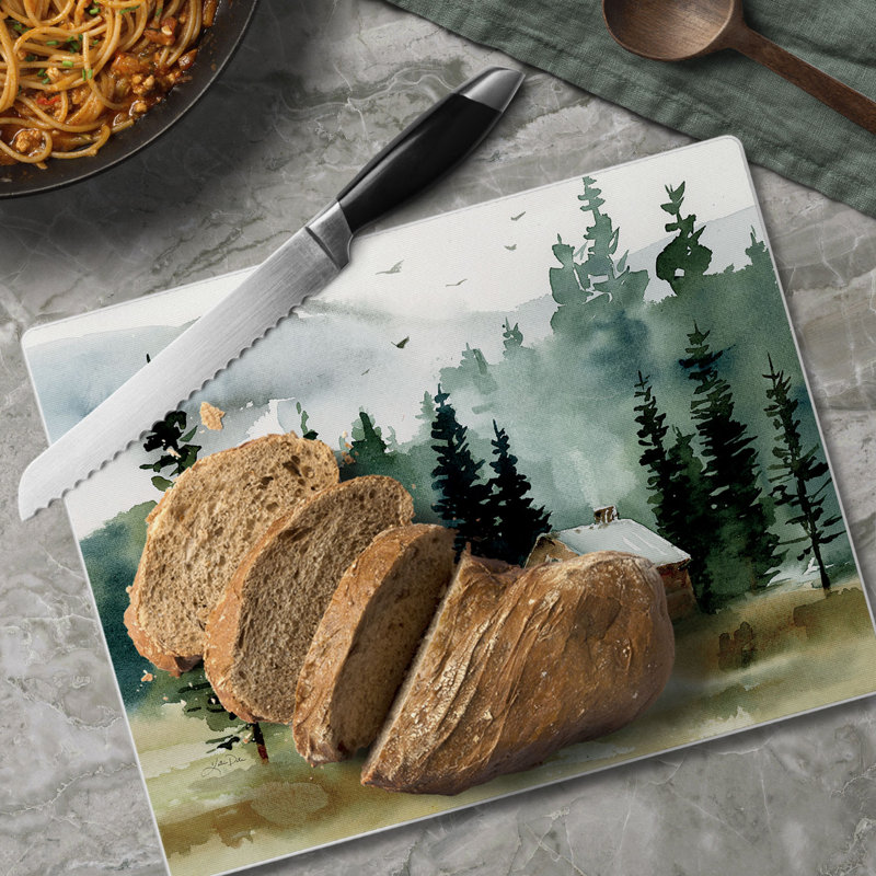 Rustic Cabin Scene Tempered Glass Cutting Board 10" x 8"