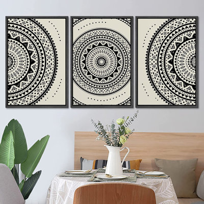 "Black Indian Mandala", motif bohème abstrait géométrique, art mural encadré sur toile, 3 pièces