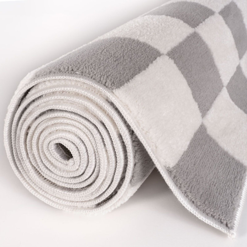 Loft Modern Checkerboard Living Room Area Rug and Runner Soft Pile, Grey/Ivory, Rectangle 200 x 290 cm