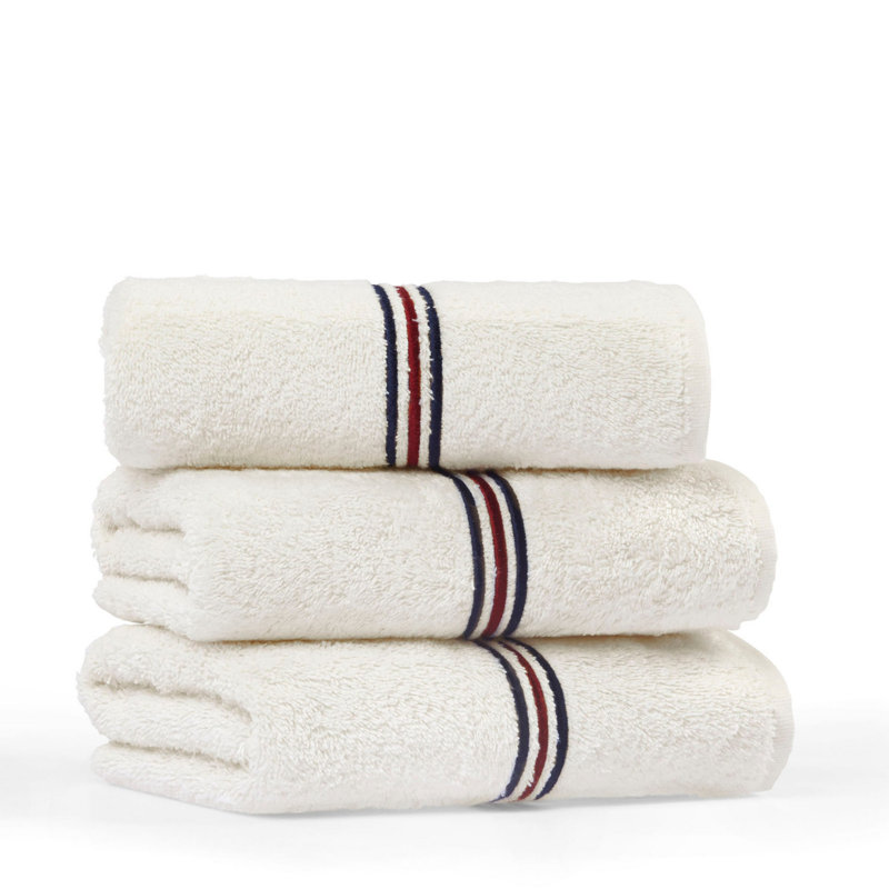 Serviette de bain 100% coton Stalcup, Crème / rouge / bleu foncé