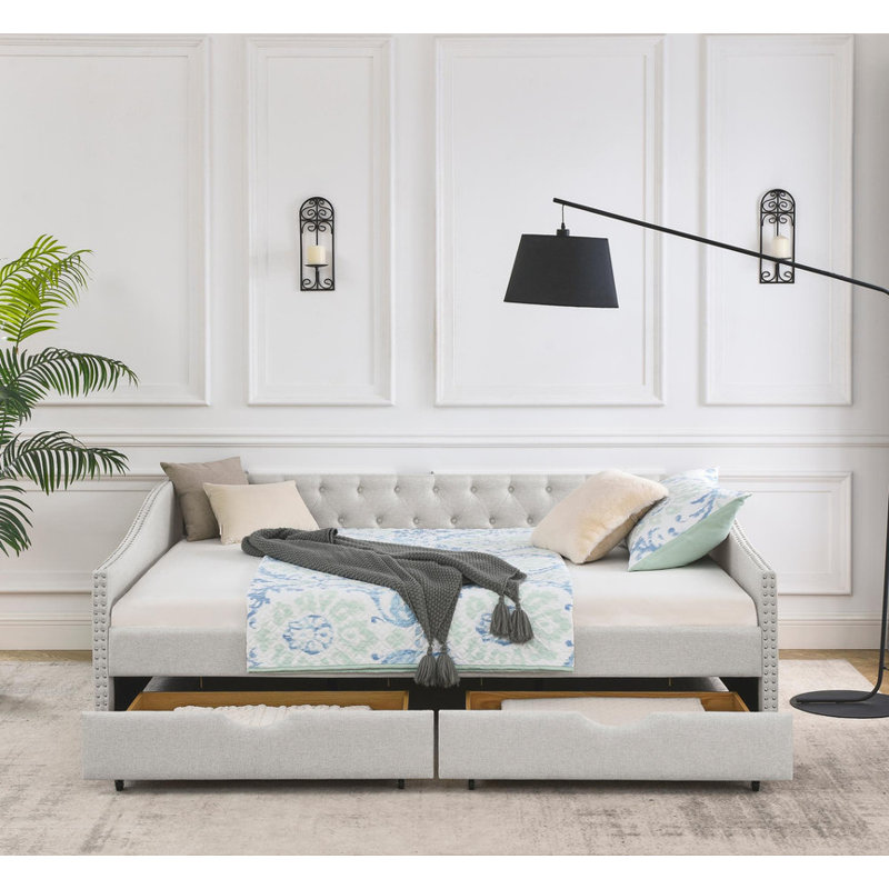 Upholstered Tufted Daybed | Velvet Button - Tufted Copper Nail - Trimmed Waved Arms & Drawers, Twin, Beige