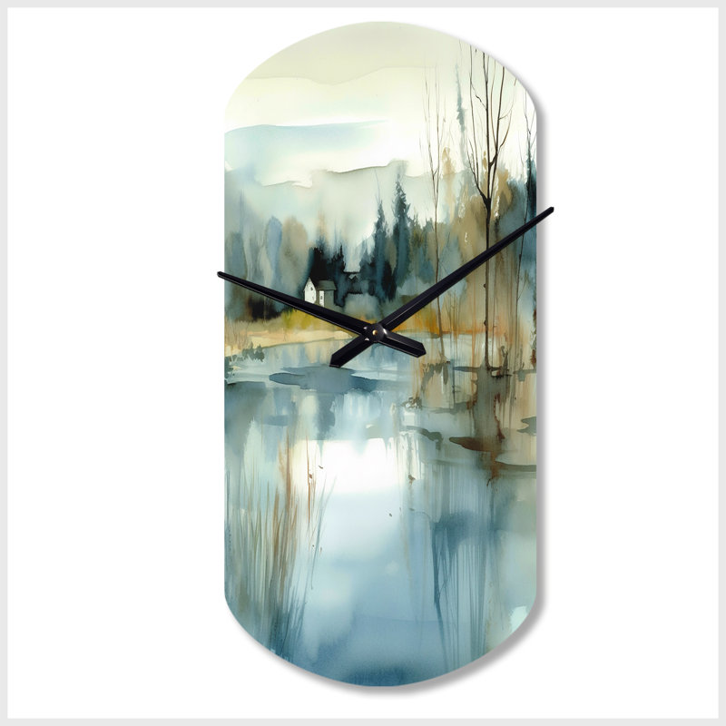 Summer Lake Landscape Illustration V - Cylinder Lake horloge murale en métal, impression d'horloge murale asymétrique en métal