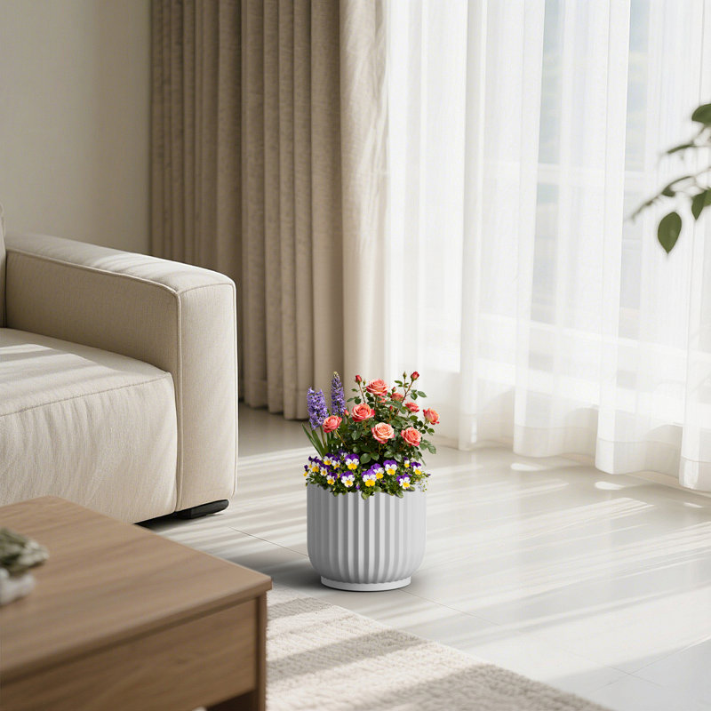 11 in. Small Pearl White(Upgraded Interior) Concrete Round Planter / Pot Ribbed Design Planter with Drainage Hole