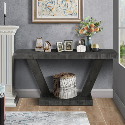 60 Inches Vintage Distressed Wood Entryway Bench With 2Tier Solid Wood Veneer Storage Cabinet, Rustic Wide Design For Hallway, Living Room & Behind Sofa, Antique Black
