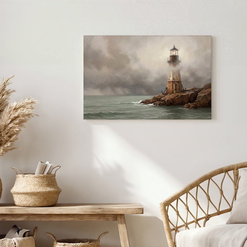 Art sur toile, "Phare sur une côte rocheuse dans un ciel nuageux", H 36 po x l 48 po
