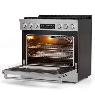 3-Piece Kitchen Appliance Package with 36" 4.5 cu. ft. Dual Fuel Slide-In Range 6 Burners Up to 22,000 BTUS, 30" Ducted/Ductless Insert Range Hood, 24" Dual Zone Beverage & Wine Refrigerator, Stainless Steel