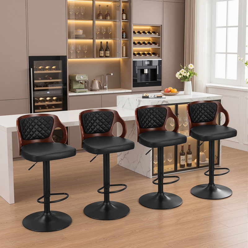 Ensemble de 2 tabourets de comptoir pivotants à hauteur réglable Ferriera, chaises de bar rembourrées en similicuir avec base en métal, repose-pieds, îlot de cuisine Mid-Century pour îlot de cuisine, bar personnel, pub, café ou bureau, noir