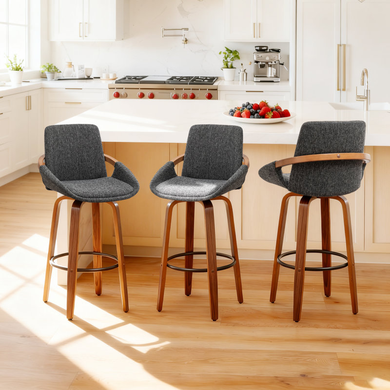 Benno 3-Piece Swivel Upholstered Counter Stool Set, Bar Stool (30” Seat Height), Gray/Linen