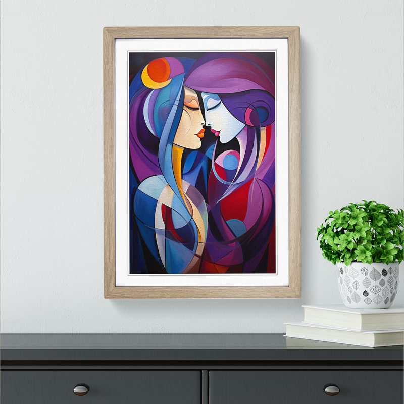 XYZ-FRM-V1223-6305 Two Women In Love Abstract No.2 - Single Picture Frame Print on Wood, Oak , 34cm H x 25cm W x 2cm D