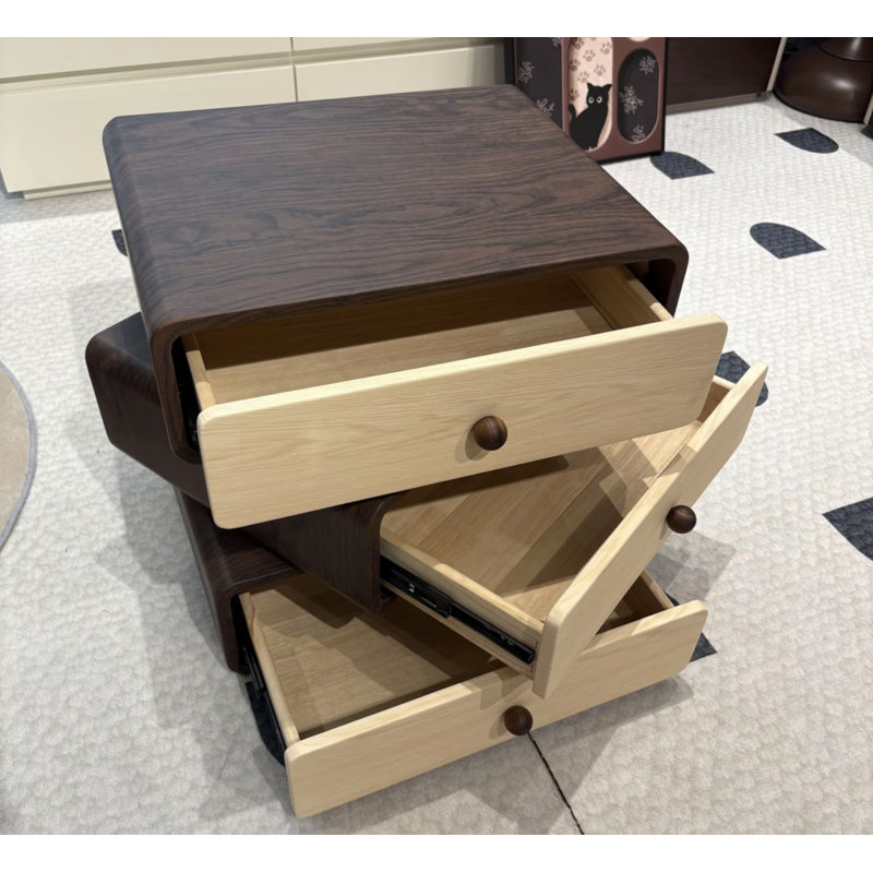 Solid Wood Nightstand  End Table Bedside Table With 3 Rotating Drawers