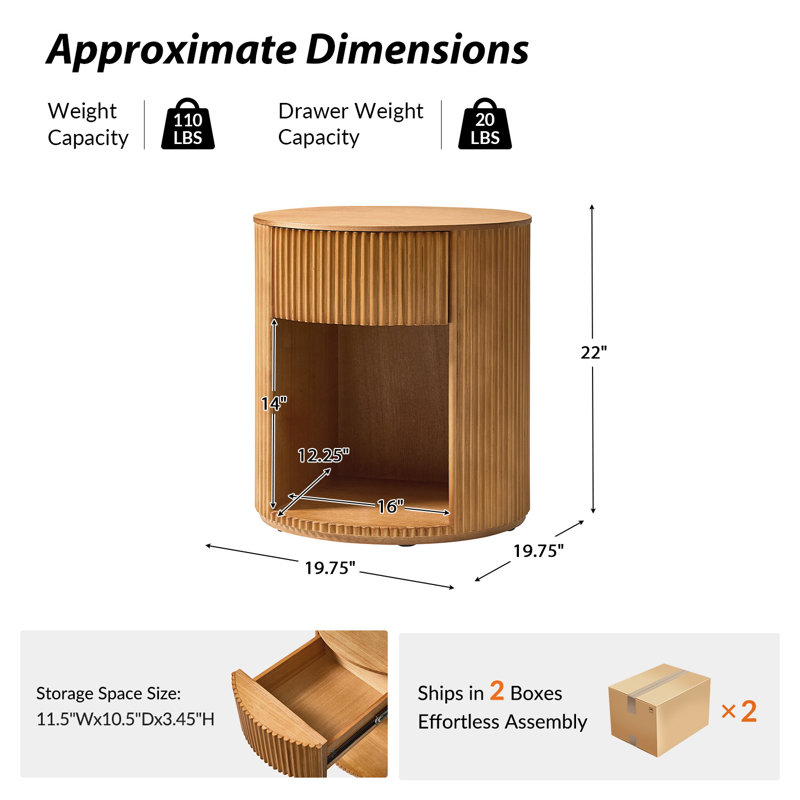 Ensemble de 2 tables de bout rondes cannelées avec rangement Kaybri, Chêne