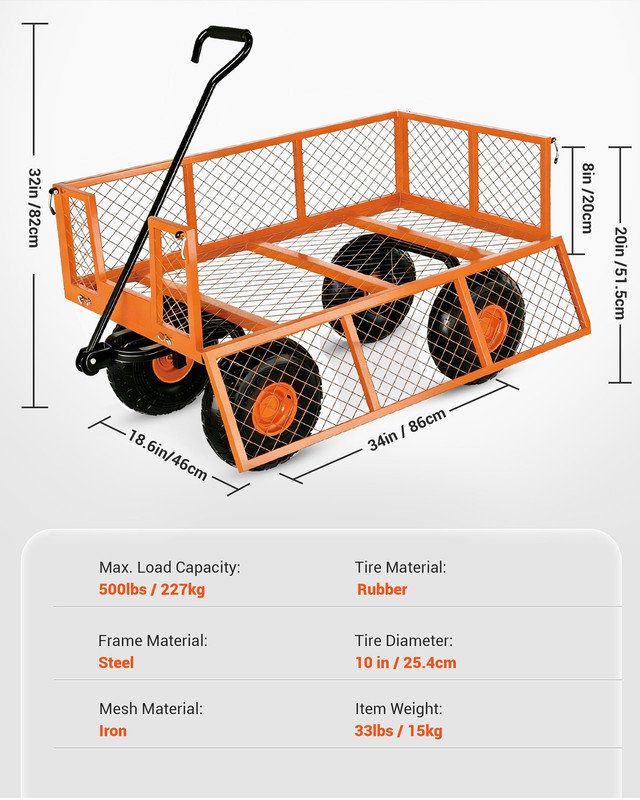 Chariot de jardin pliant robuste - Chariot en acier de 500 lb avec pneus de 10 po et côtés grillagés, Orange