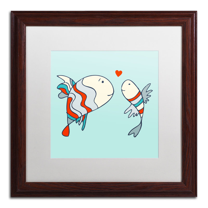 « deux little love fish » par carla martell, art encadré, H 16 po x l 16 po, Blanc, Encadrement brun