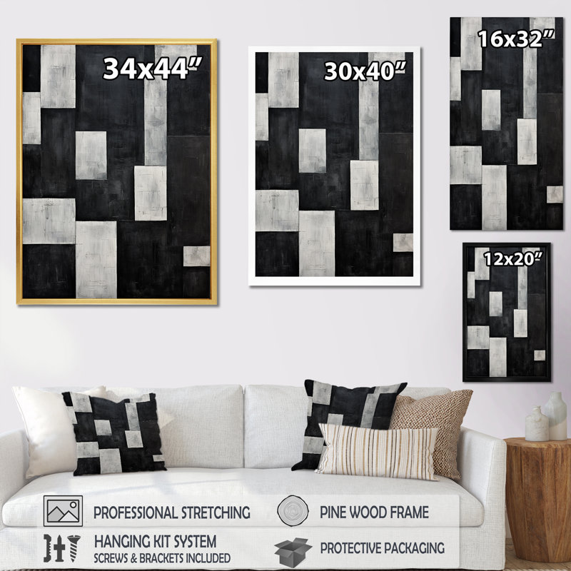 «Black and White Cuboids Dream - Abstract Shapes», art mural sur toile, Cadre flottant noir, H 20 po x l 12 po