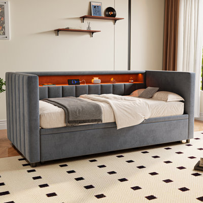 Velvet Sofa Bed With Led Headboard & Usb-C - Pull-Out Double Sleeper