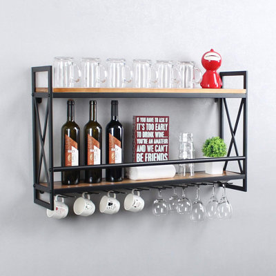 Rustic Wall Mounted Wine Racks With 7 Stem Glass Holder,36In Industrial Metal Hanging Wine Rack,2-Tiers Wood Shelf Floating Shelves,Home Room Living Room Kitchen Decor Display Rack