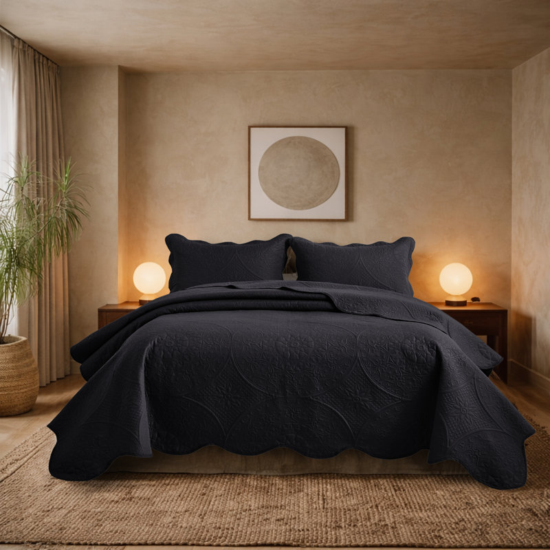 Floral Embossed Microfiber Quilted Bedspread Set, Black, California King Bedspread + 2 King Pillowcases