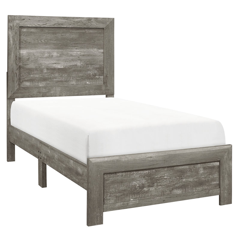 Lit simple moderne gris rustique, bois, tête de lit, rails, sommier requis, bois