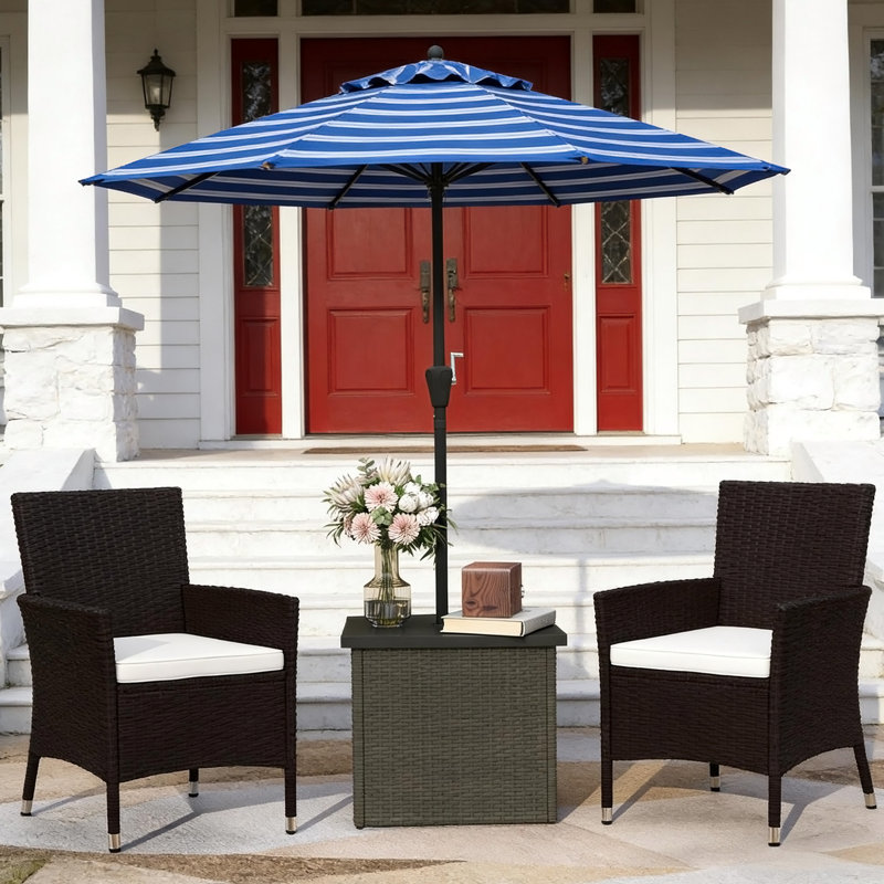 Table de bout, petite table basse d'extérieur pour patio, table d'appoint en osier avec trou pour parasol, Brun