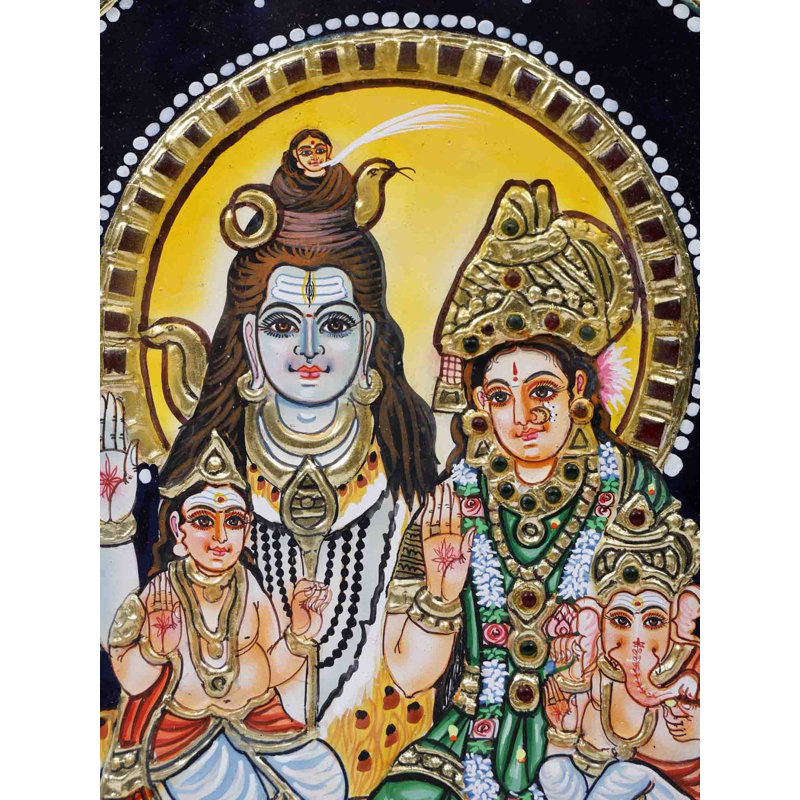 «Lord Shiva Family», peinture encadrée de Tanjore | Or 24 carats