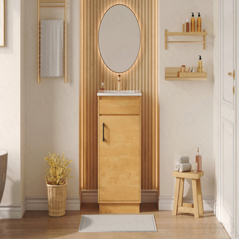 Meuble-lavabo de 20 pouces avec lavabo en céramique, ensemble de meuble-lavabo simple autoportant avec porte à fermeture douce, tablette réglable, style maison de campagne, bois naturel.
