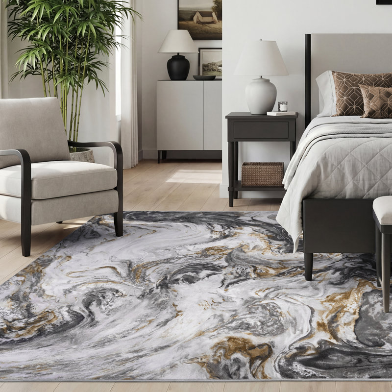 Soft Washable Contemporary Area Rug With Non-Slip Backing In Marble Pattern, Rectangle 9' x 12', Black/Gold/Ivory/Gray