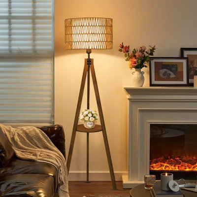 Brown Boho Tripod Floor Lamp - Rattan Wood with Fabric Shade Shelf Foot Switch