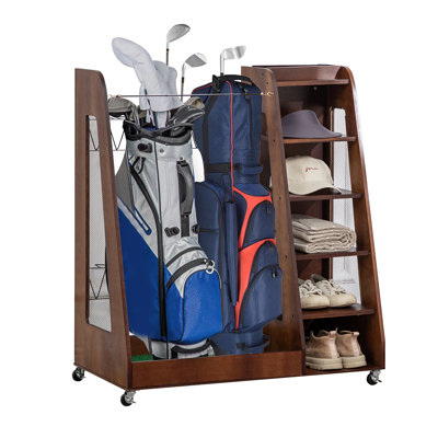 35'' Wooden Golf Bag Storage Rack, Easy Assembly Golf Club Organizer Stand with Side Golf Club Holders for Home Garage Golf Equipment Organization