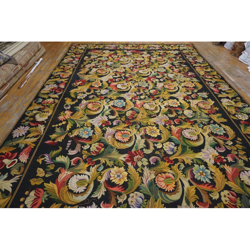 European Floral Design Black Antique Oversize Flat Woven French Needlepoint Rug