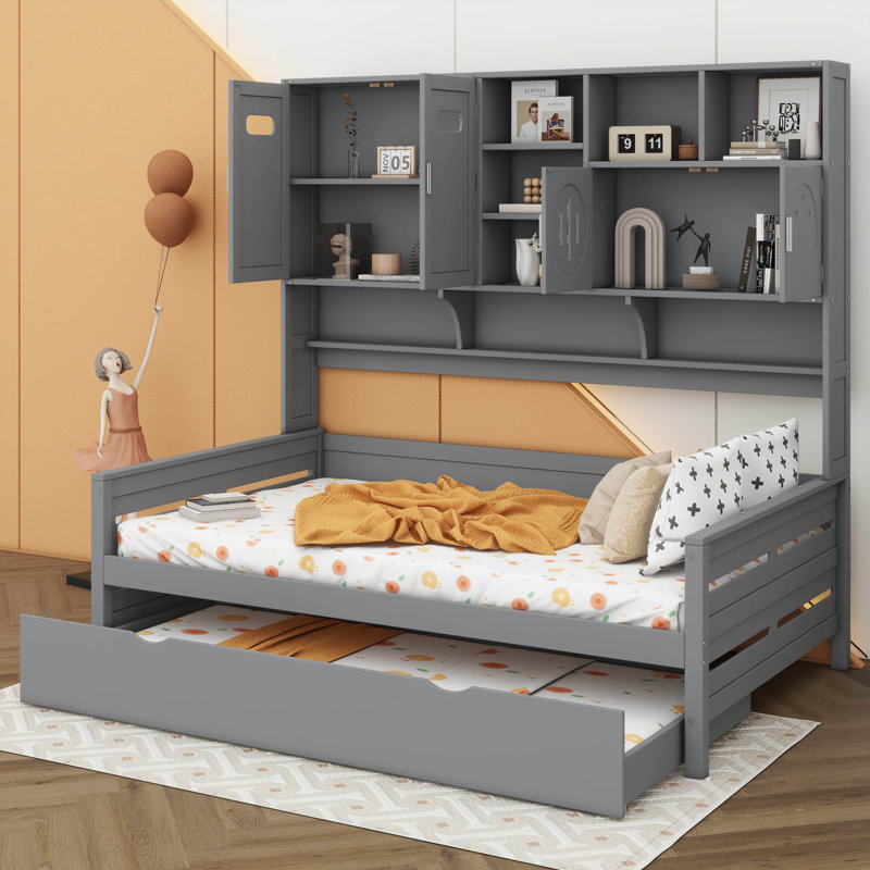 Élégant lit de jour en bois avec lit gigogne escamotable et armoire intégrée, Lit simple, gris