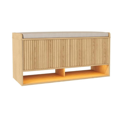 Natural Oak 39.4" Fluted Shoe Storage Bench - Linen Cushion, Adjustable Shelf & LED Sensor Light for Entryway