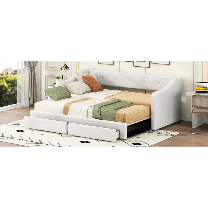 Lit de jour simple rembourré beige très grand avec deux tiroirs de rangement, support pour accoudoirs arrière extensible et support en lattes de bois doux et optimal, aucune boîte à ressorts nécessaire