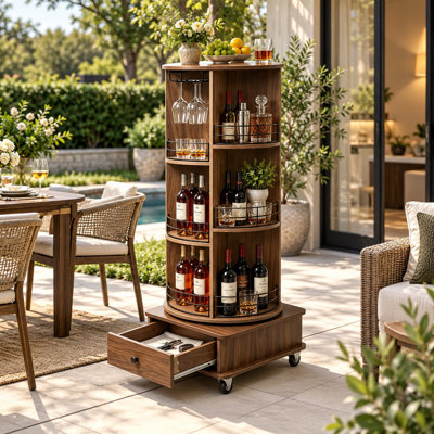Bar à vin rotatif avec tablettes de rangement pivotantes à 360 °, porte-verres à vin, tiroir et roulettes