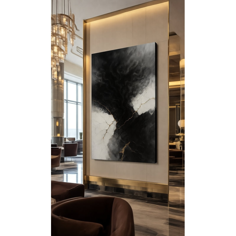Golden Fracture Framed Canvas Wall Art by Kasian Art Studio - White Frame, Black