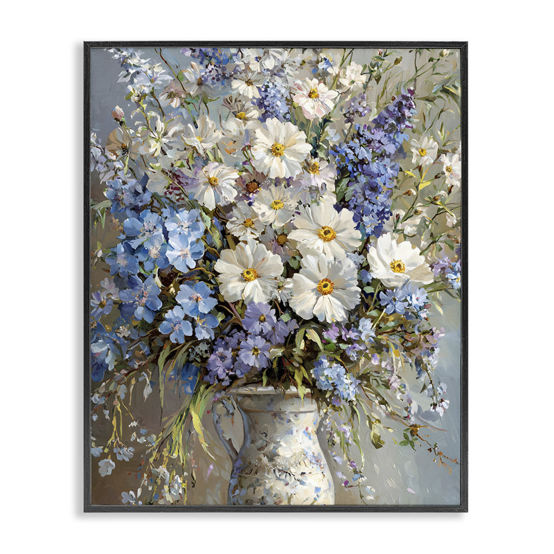 Fleurs dans un vase chinois, estampe numérique, design par Franklyn Gregory, H 14 po x l 11 po, Giclée encadrée noir minuit