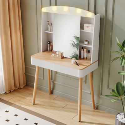 Small Vanity Desk (Makeup Vanity) With Vanity Mirror & Led Led Lights, Big-Capacity Storage And With Sliding Mirror, Makeup Vanity  With Two Fluted Drawers, 3 Lighting Color Modes Makeup Dressing Table (Makeup Vanity)