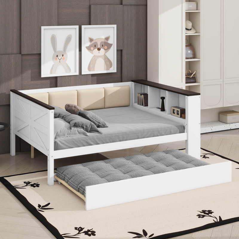 Full-Size Daybed With Storage Shelves, Upholstered Backrest, USB Port, And Trundle Bed, Full