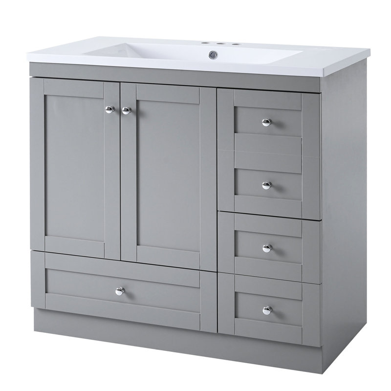 Armoire de meuble-lavabo autoportante de 36 po de style Shaker avec lavabo, 4 tiroirs à fermeture douce et 2 portes à fermeture douce